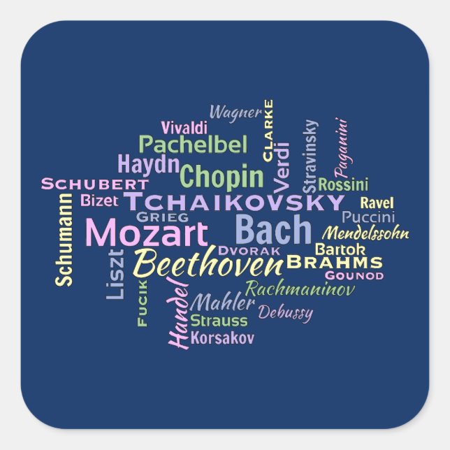 Klassische Komponisten Word Cloud Quadratischer Aufkleber (Vorderseite)