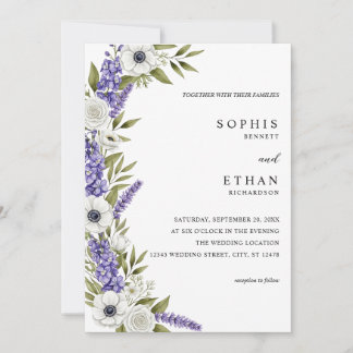 Klassische Lavendelblüten und weiße Rosen Hochzeit Einladung
