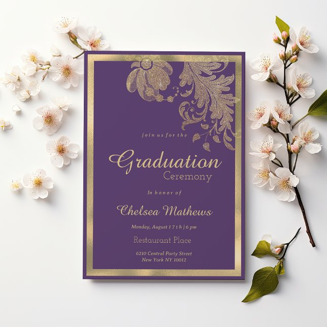 Klassische lila Gold Glitzer Spitzen Blume Abschlu Einladung (Classy purple gold glitter lace flowers Graduation )