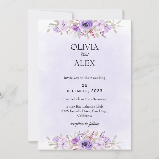 Klassische Lila Minimalistische Blumenhochzeit Einladung (Vorderseite)
