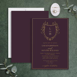 Klassische Lila Wildblume Monogram Wappen Hochzeit Folieneinladung