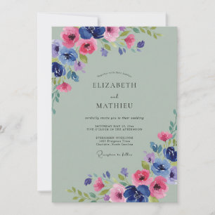 Klassische Magenta-Kobalt-Blüten-Hochzeit Einladung
