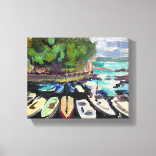 Klassische Malerei, Landschaft mit Booten am Meer Leinwanddruck
