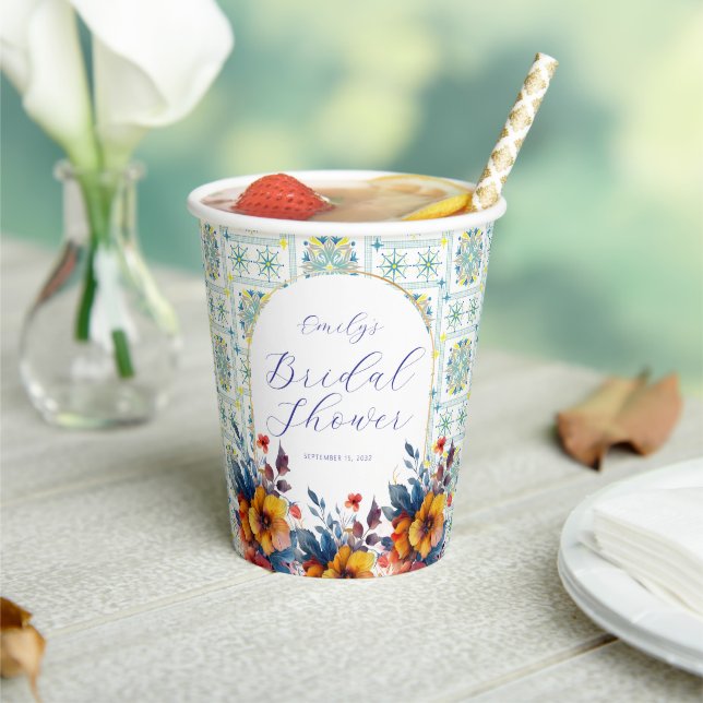 Klassische mediterrane Blue Floral Paper Cup Pappbecher (In Situ)