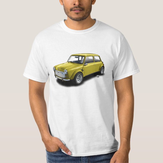 Klassische Miniauto des Gelb-1969 auf weißem T - T-Shirt (Vorderseite)