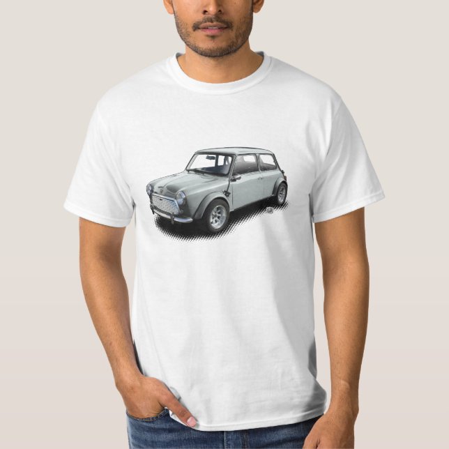 Klassische Miniauto des Silber-1969 auf weißem T - T-Shirt (Vorderseite)