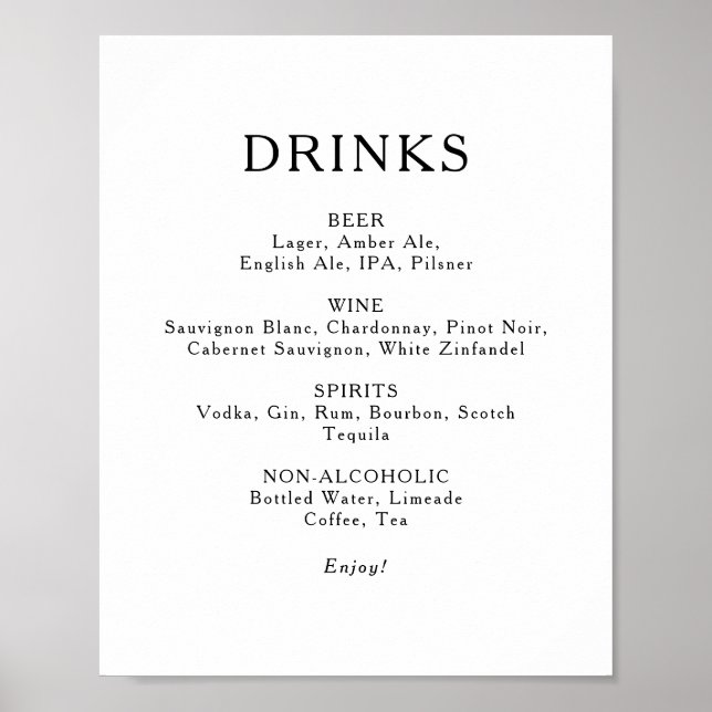 Klassische Minimalistische Speisekarte Poster (Vorne)