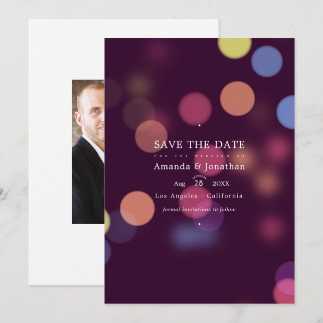 Klassische moderne Bokeh-Hochzeitslichter Save The Date (Vorne/Hinten)