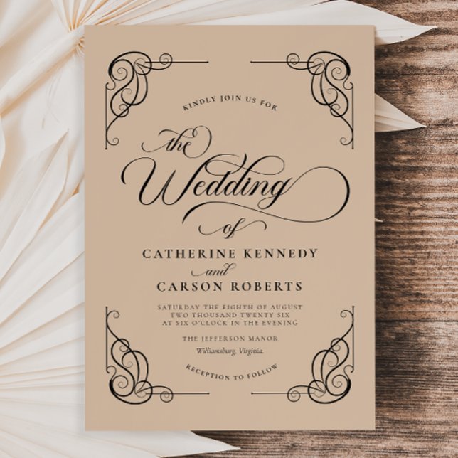 Klassische moderne Kalligrafie, Beige & Schwarze S Einladung (Von Creator hochgeladen)