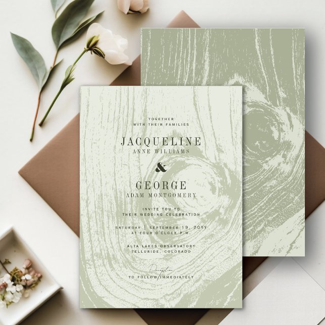 Klassische moderne Rustikale Frühlingssonne Einladung (Classic Modern Rustic Moss Green Woodgrain Chic Spring Wedding Invitation @ fatfatin_blue_knot)