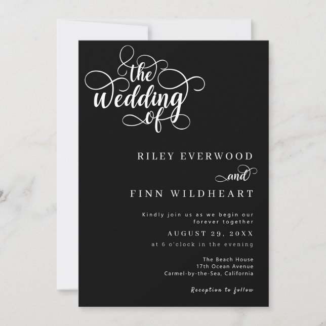 Klassische Moderne Schwarz-Weiß-Script-Hochzeit Einladung (Vorderseite)