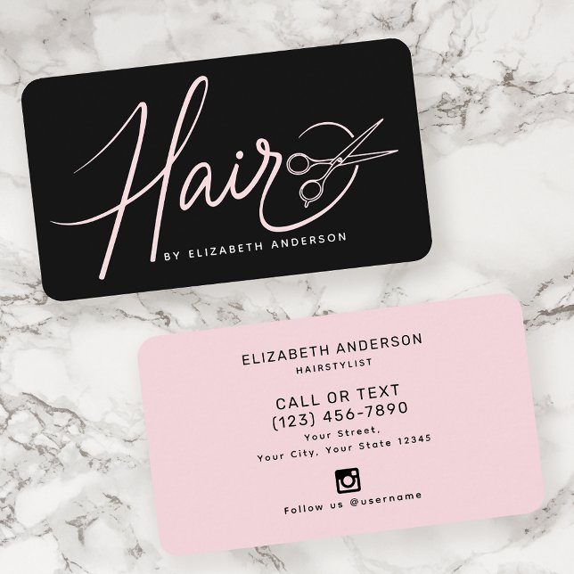 Klassische moderne Script-Haarstylist Blush Pink Visitenkarte (Von Creator hochgeladen)