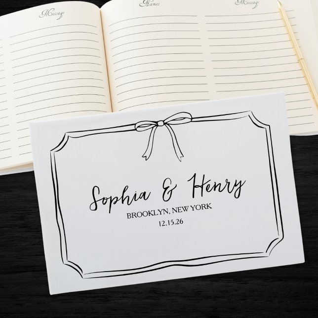 Klassische moderne, zeitlose Schwarz-Weiß-Bow-Hoch Gästebuch (Classic and chic! Customize this elegant bow guestbook for your wedding day—personalized with ease.)