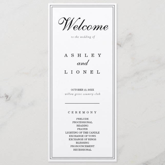 Klassische Monogram Black & White Simple Wedding Programm (Vorderseite)