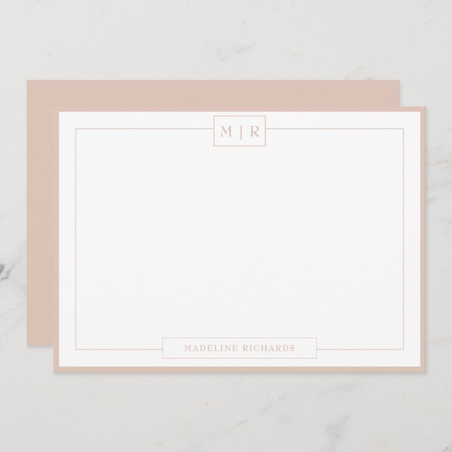 Klassische Monogram Boho Beige Border Stationery Mitteilungskarte (Vorne/Hinten)