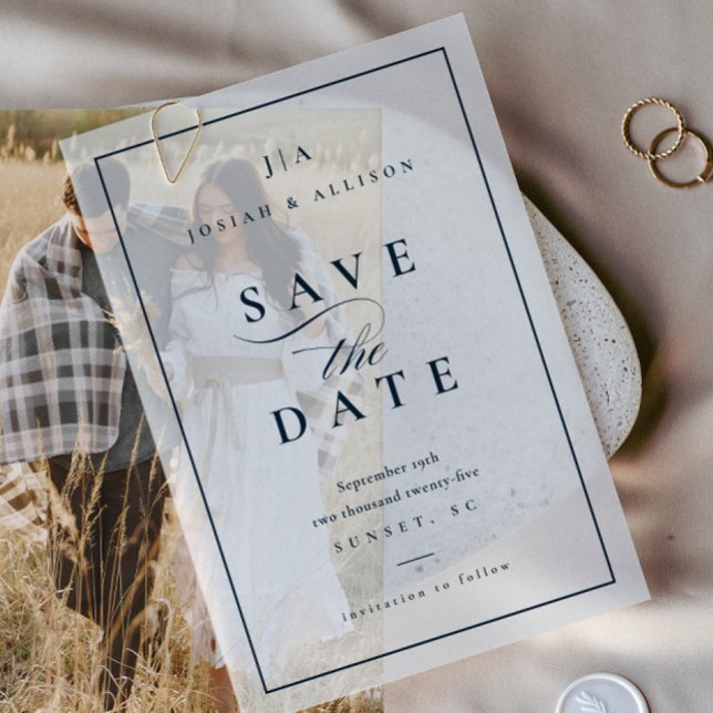 Klassische Monogram Navy Blue Wedding Save the Dat (Elegant Classic Monogram Wedding Save the Date Vellum Invitation. Pair with photo or use on its own.)