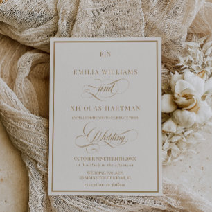 Klassische Monogramm Elfenbein Gold Hochzeit Einladung