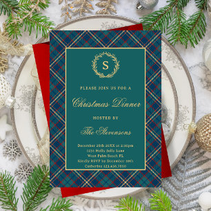 Klassische Monogramm-Karo-Dunkelgrün-Weihnachtsfei Einladung