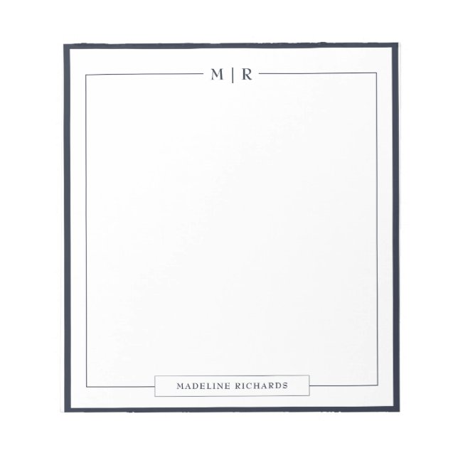 Klassische Monogramm-Navy-Blue-Rand-Papeterie Notizblock (Vorderseite)