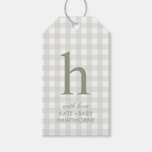 Klassische Monogramm-Sage-Grün-Gingham-Baby-Party Geschenkanhänger