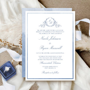 Klassische Monogramm-Staubblau-Aquarell-Hochzeit Einladung