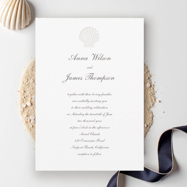 Klassische Muschel der Küstenwache, reine Hochzeit Einladung (nautical coastal wedding invitation modern classic formal traditional script elegant shell pure whte)