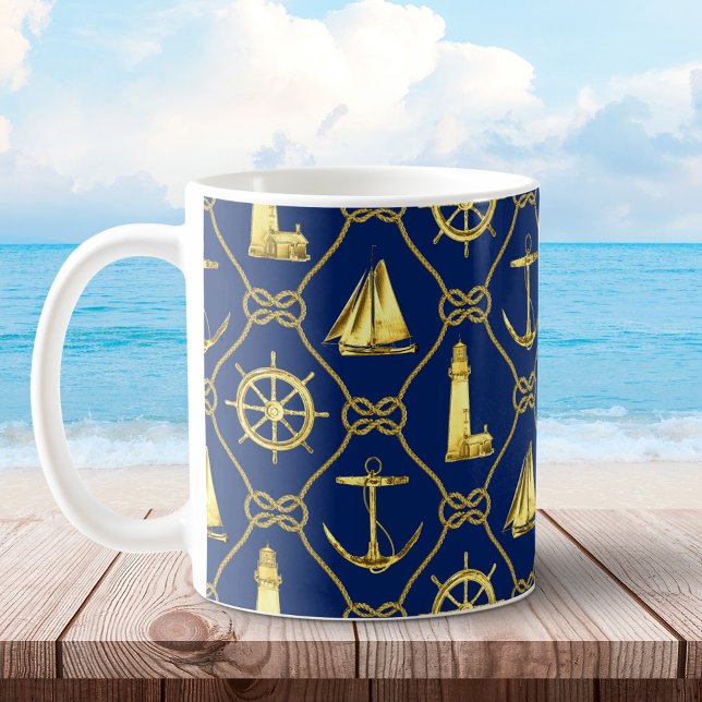 Klassische Nautische Navy Blue and Gold Rope Knots Kaffeetasse (Von Creator hochgeladen)