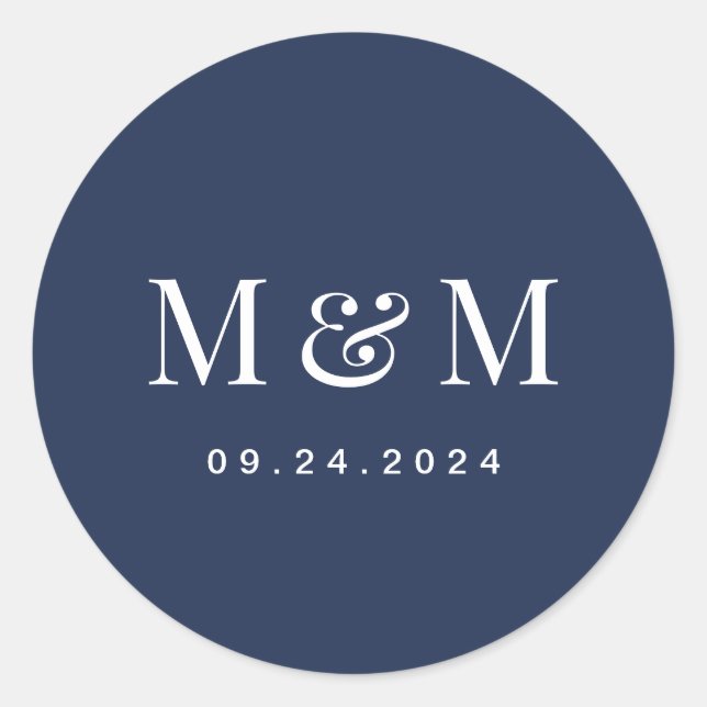 Klassische Navy Blau Monogramm-Typografie Hochzeit Runder Aufkleber (Vorderseite)
