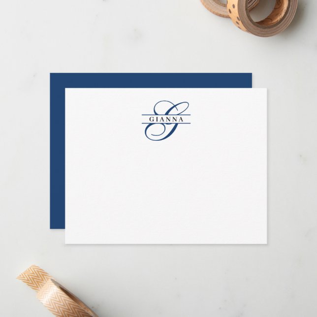 Klassische Navy Blue Calligraphy Split Monogram Mitteilungskarte (Vorderseite/Rückseite Beispiel)