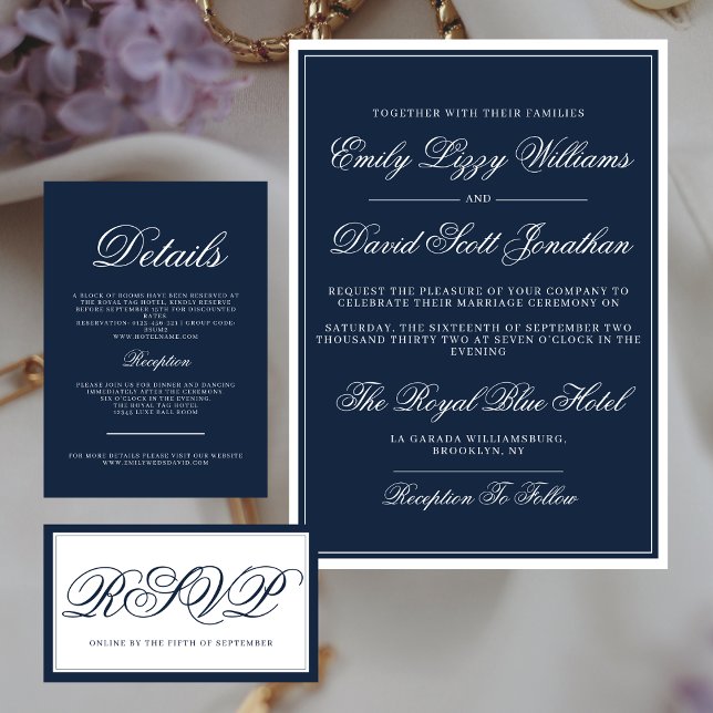 Klassische Navy Blue Elegant Script Traditionell Einladung (Von Creator hochgeladen)