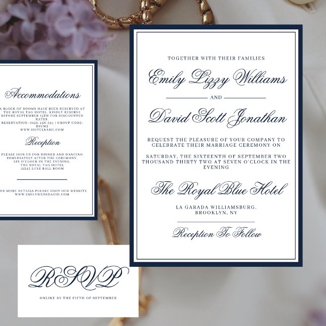 Klassische Navy Blue Elegant Script Traditionell Einladung (Von Creator hochgeladen)