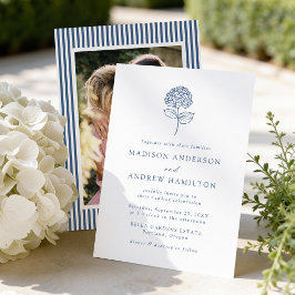 Klassische Navy-Blue-Hortensien-Foto-Hochzeit Einladung