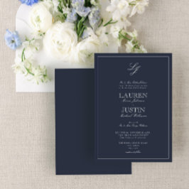Klassische Navy Blue Script Monogram Wedding Einladung