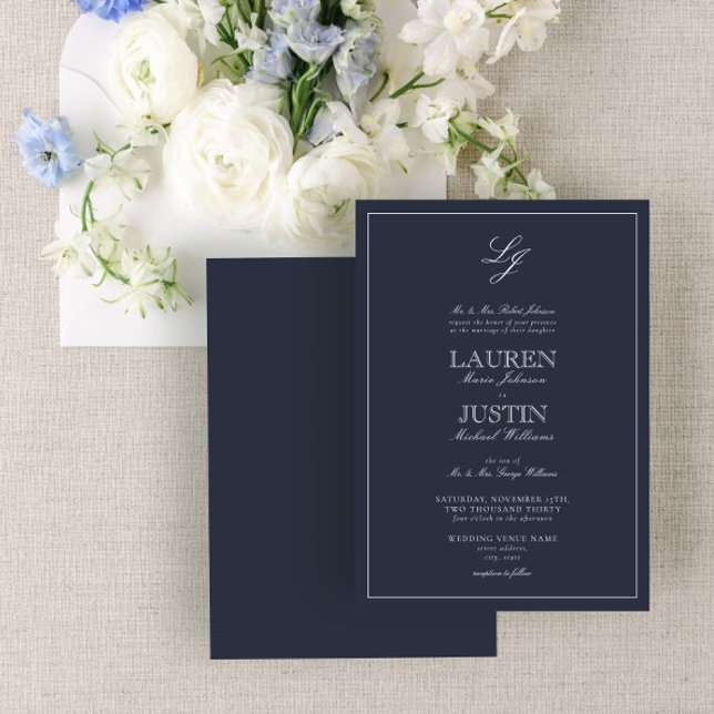Klassische Navy Blue Script Monogram Wedding Einladung (Von Creator hochgeladen)