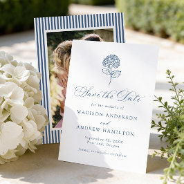 Klassische Navy-Hortensien-Foto-Hochzeit Save The Date