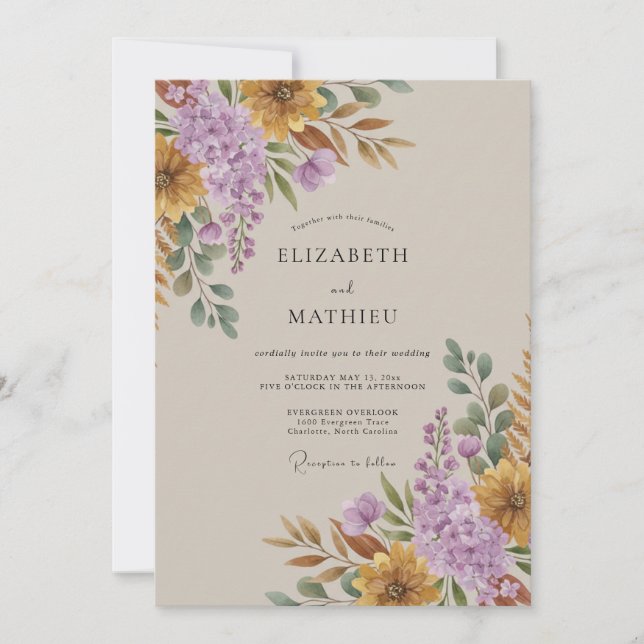Klassische Ocker-Amethyst-Blatt-Hochzeit Einladung (Vorderseite)