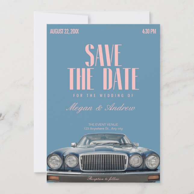 Klassische Oldtimer-Hochzeit Save The Date (Vorderseite)