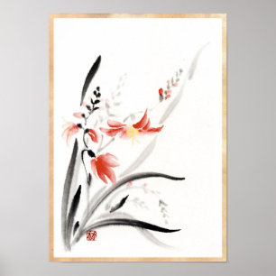 Klassische orientalische Sumi-e Tintenfarbe Blume Poster