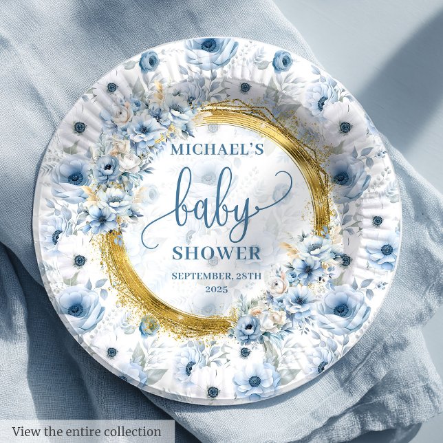 Klassische pastellblaue Aquarellfarben Blume Gold  Pappteller (Classic pastel blue watercolor flowers gold party Paper Plates)