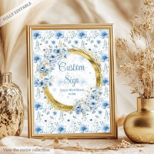 Klassische pastellblaue Blumen Goldbabylzeichen Poster