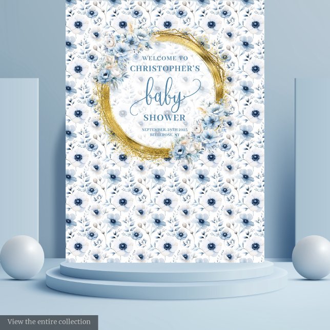 Klassische pastellblaue Blumen Goldblütendusche Fo Wandteppich (Classic pastel blue flowers gold baby shower photo Tapestry)