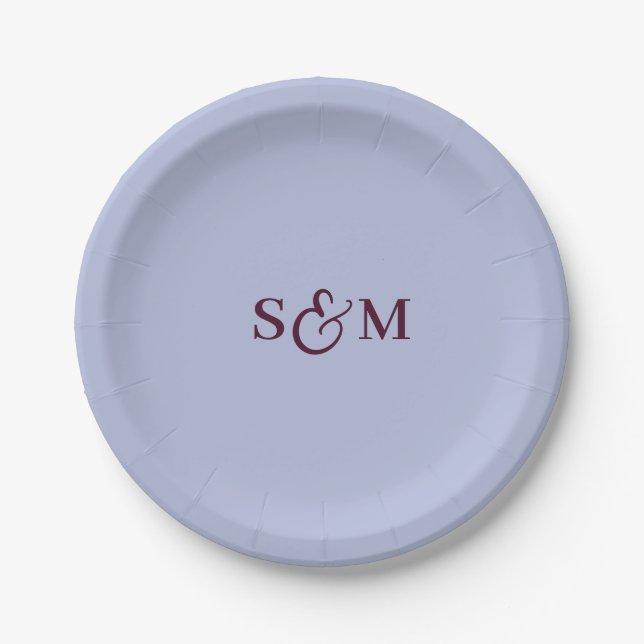 Klassische Periwinkle-Hochzeit mit Monogramm und E Pappteller (Vorderseite)