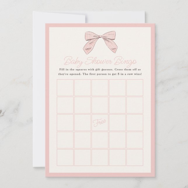 Klassische Pink Bow Baby Shower Bingo Card Einladung (Vorderseite)