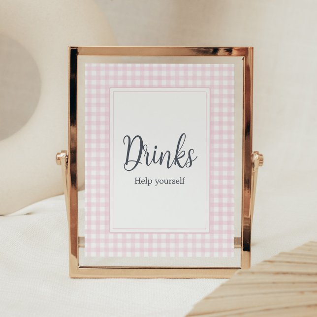 Klassische Pink Gingham Baby Duschgetränke Poster (Girl Gingham Baby Shower Drinks Sign)