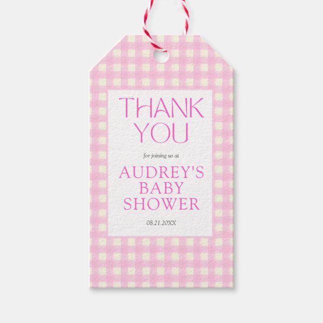 Klassische Pink Gingham Girl Baby Dusche Geschenkanhänger (Vorderseite)