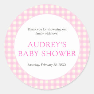 Klassische Pink Gingham Girl Baby Dusche Runder Aufkleber