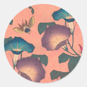 Klassische Pinke-Biene-Blumen-Kunst von Hokusai Runder Aufkleber