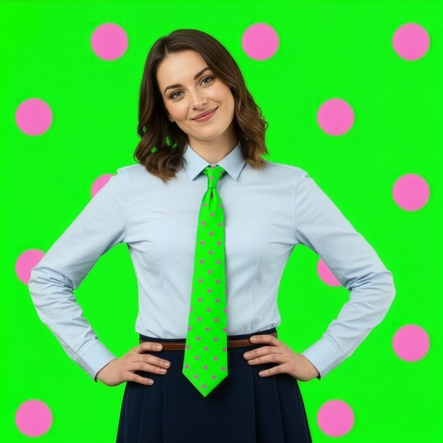 Klassische Polka Dot Krawatte, heiß rosa auf Neon  Krawatte (Woman with hands on hips wears a neon green tie with hot pink polka dots.)