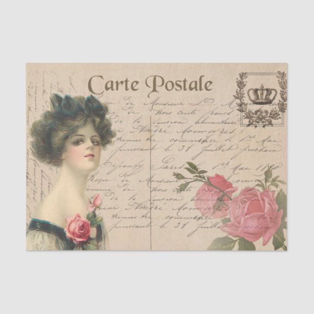 Klassische Postkarte/Viktorianische Dame mit Rose Seidenpapier (Vorderseite)