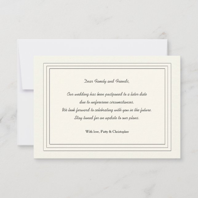 Klassische Postponement-Announcement-Karte Ankündigung (Vorderseite)